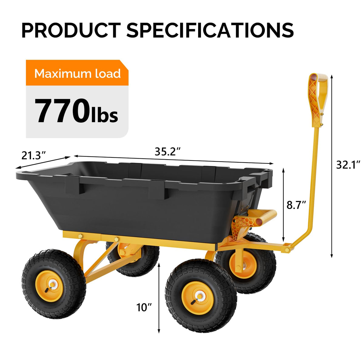 Heavy Duty Dump Cart Wagon, 770LBS Poly Wheelbarrow, 10in All-Terrain Pneumatic Tires K54742