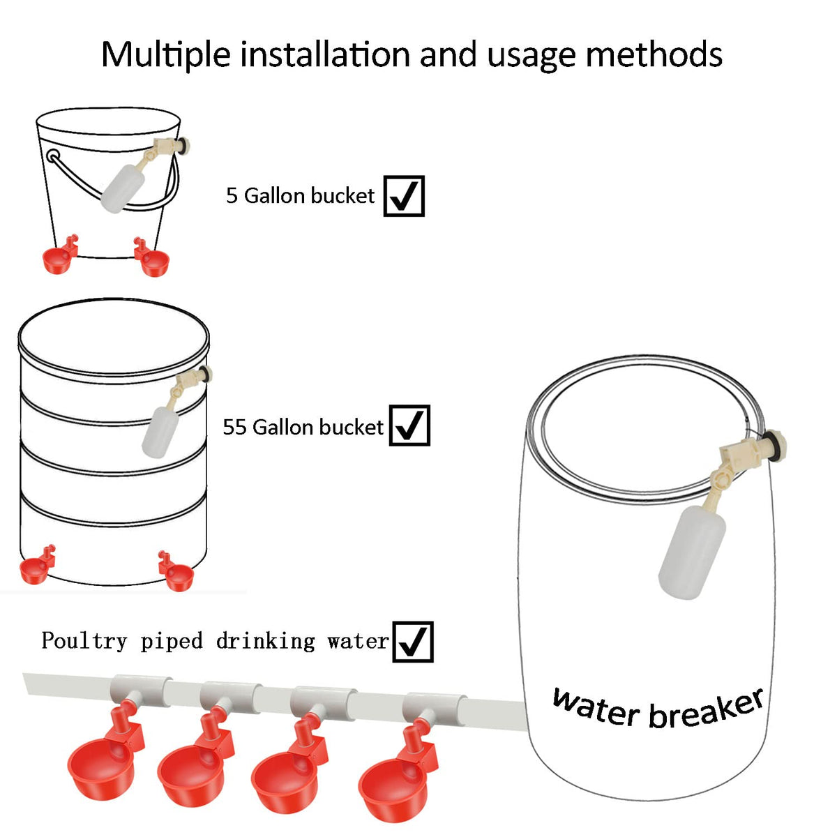 Automatic Chicken Nipple Waterer Cups and PVC Tee Fittings E362