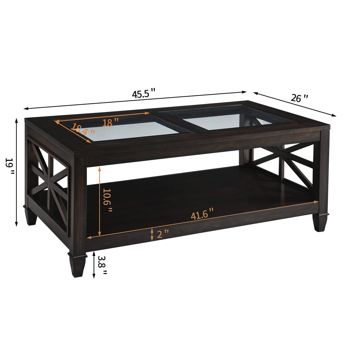 45.5"W Solid Wood Glass Coffee Table C8311