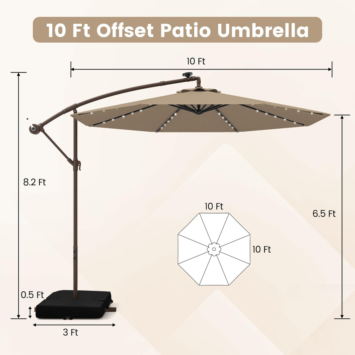 10FT Offset Patio Umbrella with Base and 40 Solar LED Lights E88365