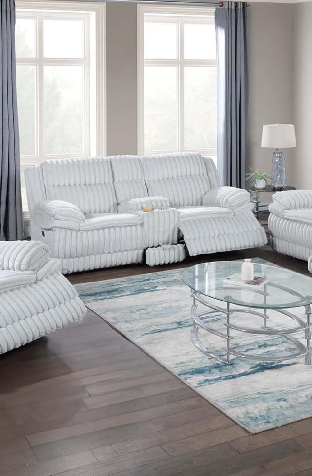 Light Gray Corduroy Reclining Loveseat with Console Drawer H554
