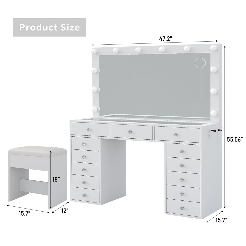 47" White Makeup Vanity with 13 Drawers and HD Mirror T9596
