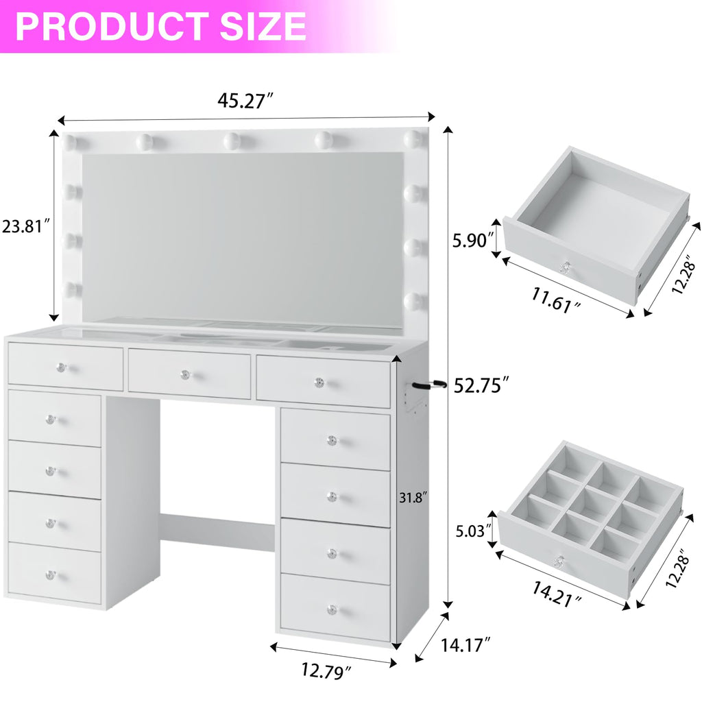 45" Large White Vanity Desk with RGB Lighting O97937