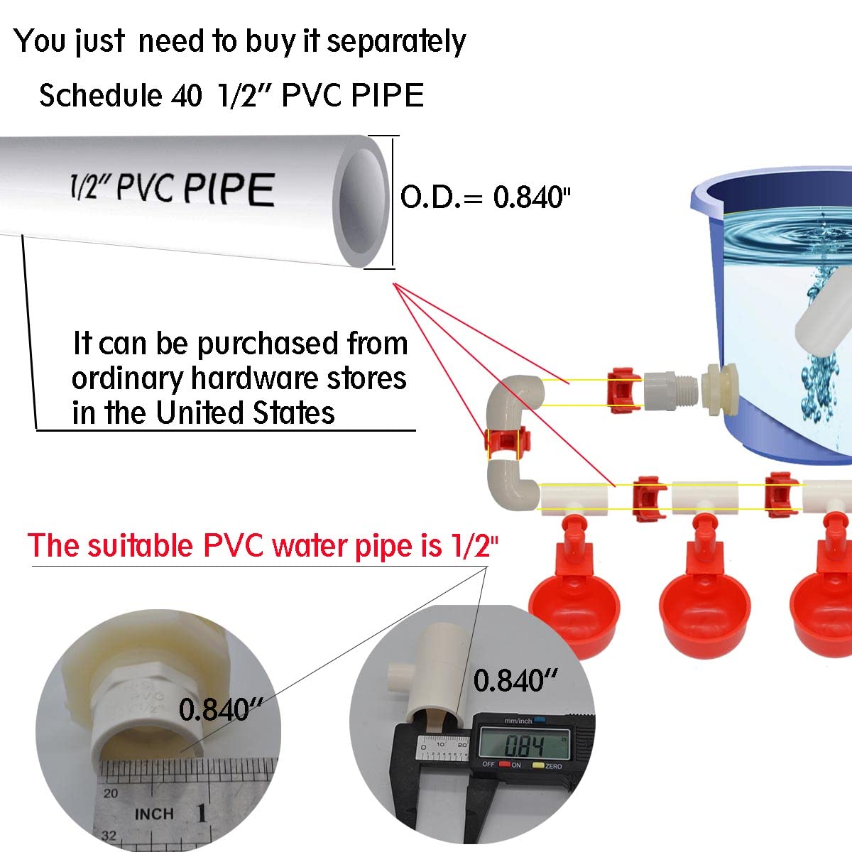 Automatic Chicken Nipple Waterer Cups and PVC Tee Fittings E362