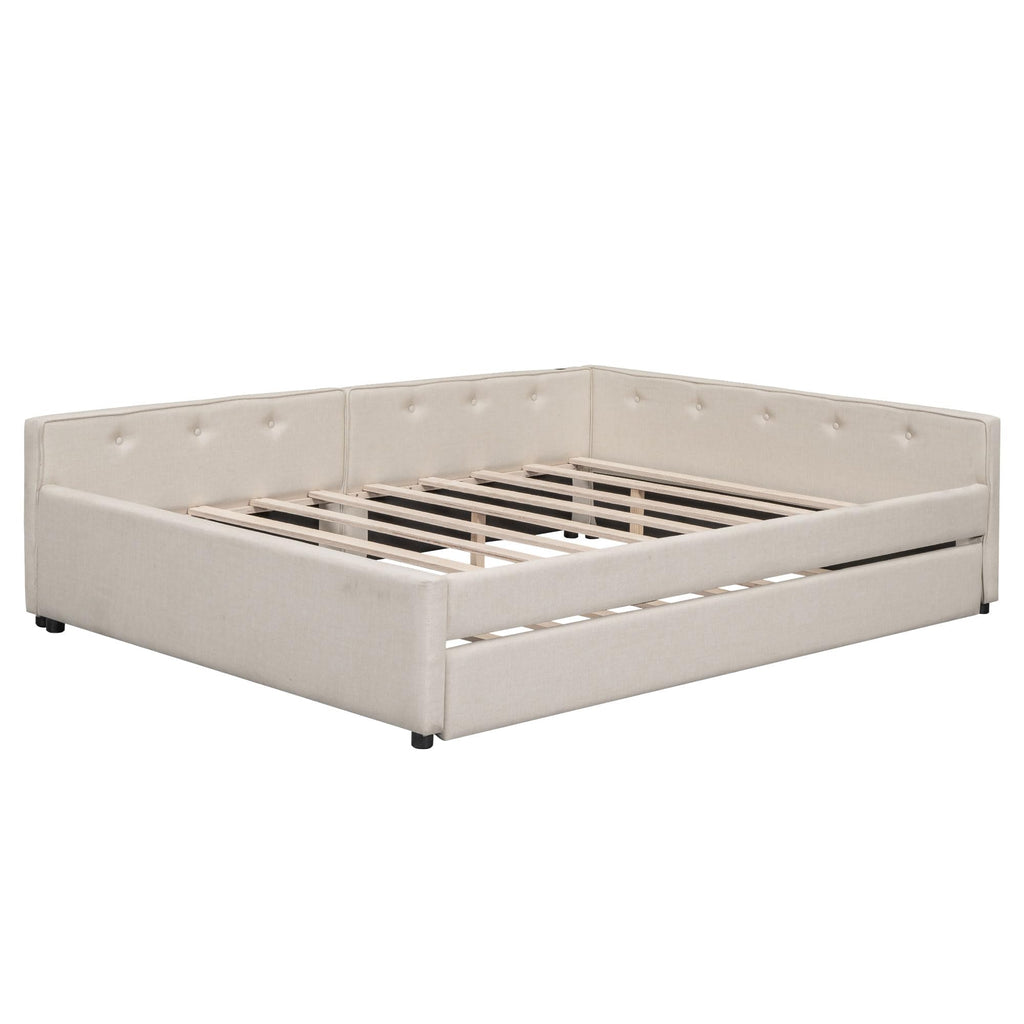 Queen Size Linen Fabric Upholstered Daybed with Trundle O276