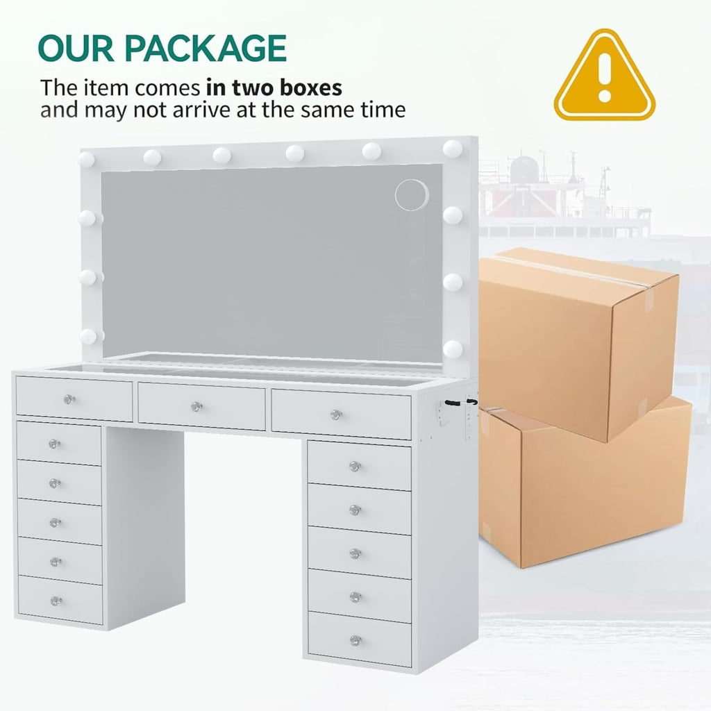47" White Makeup Vanity with 13 Drawers and HD Mirror T9596