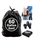6 Mil Heavy Duty Contractor Trash Bags, 50/55/60 Gallon, Black, 20 Pack V8961