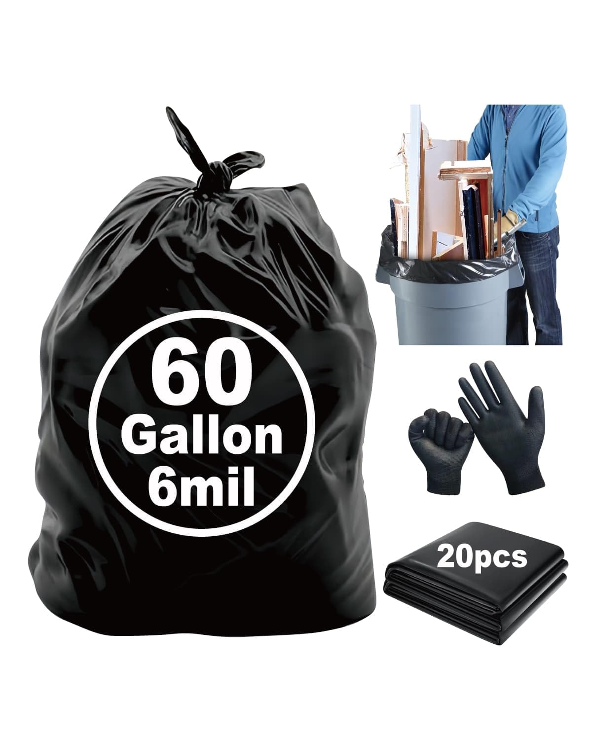 6 Mil Heavy Duty Contractor Trash Bags, 50/55/60 Gallon, Black, 20 Pack V8961