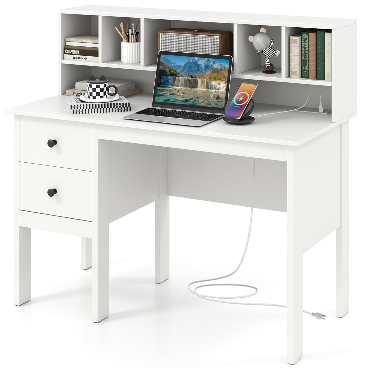 White Desk with Drawers and Hutch P14268