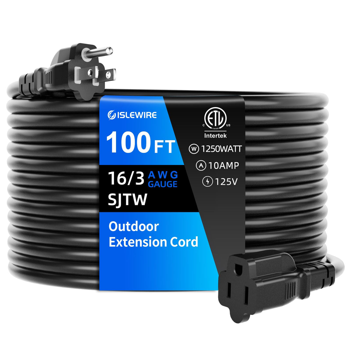 100 FT Waterproof Black 16 AWG Extension Cord Q3131