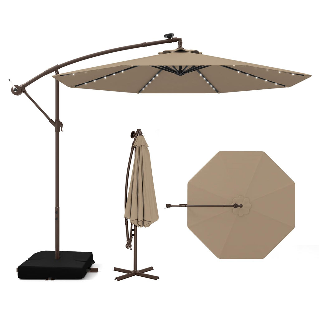 10FT Offset Patio Umbrella with Base and 40 Solar LED Lights E88365