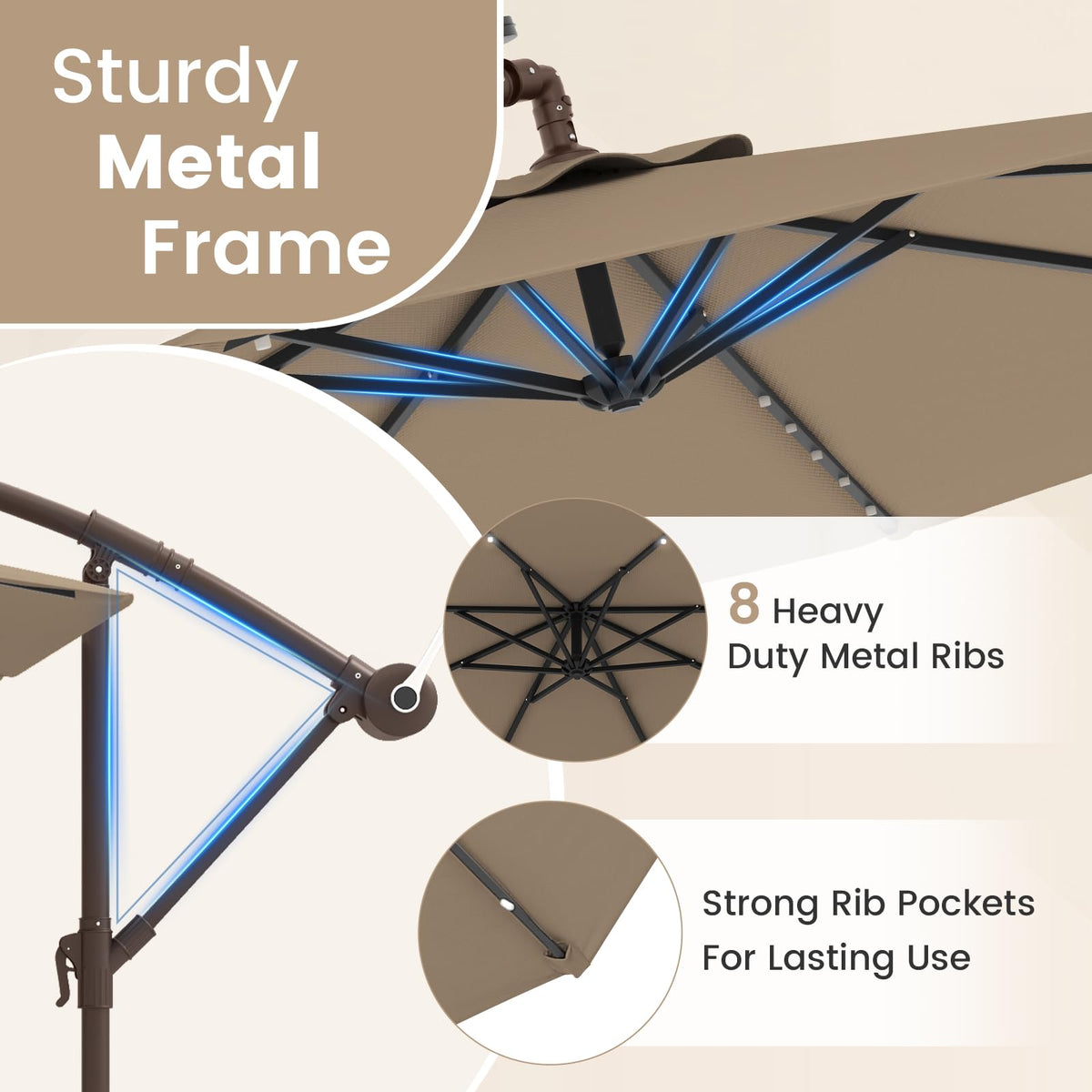 10FT Offset Patio Umbrella with Base and 40 Solar LED Lights E88365