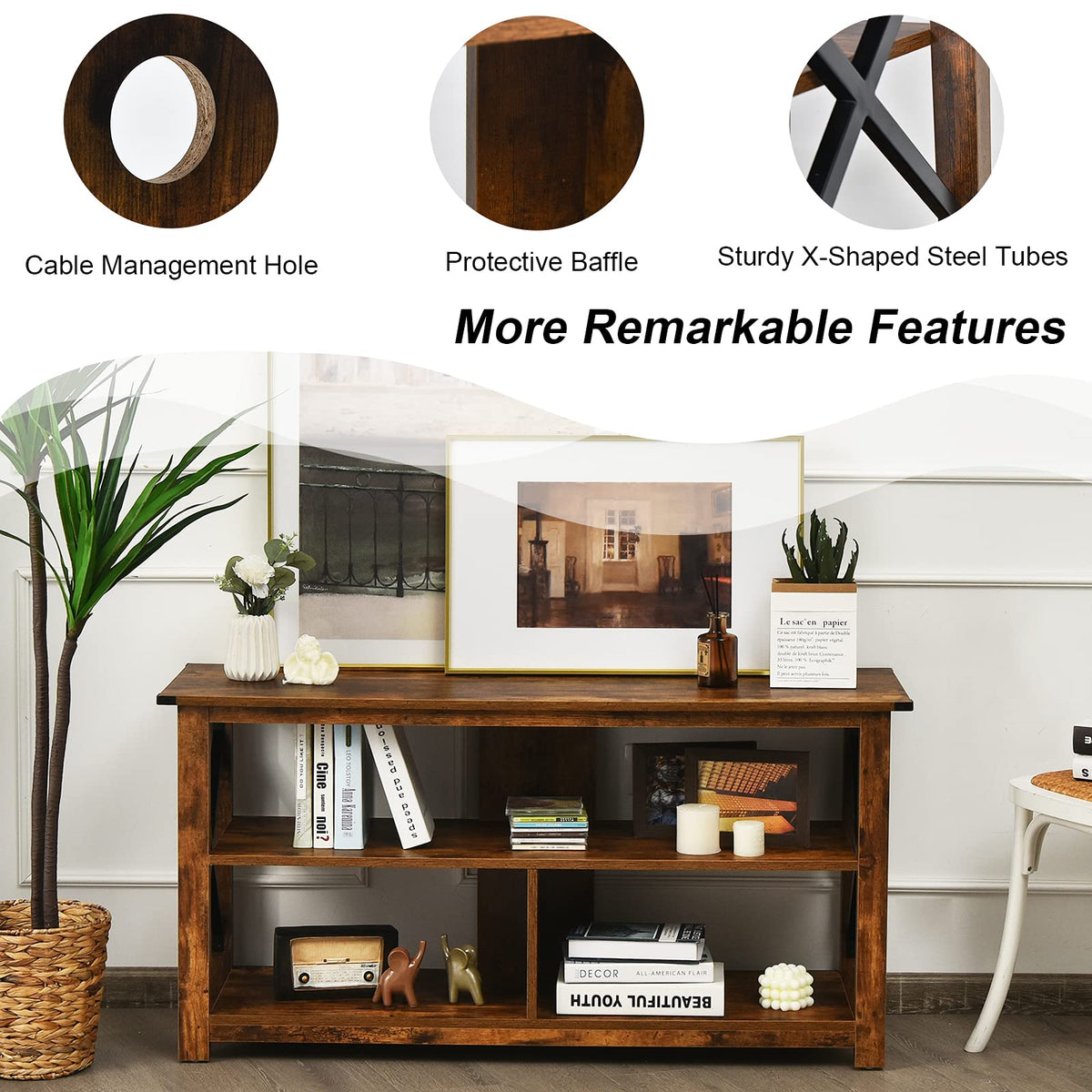 Brown 3 Tier Wood TV Stand with Open Shelves A949