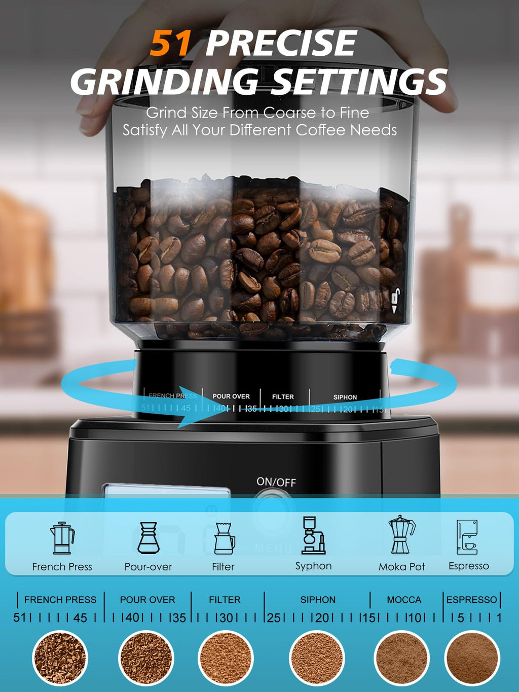 Conical Burr Espresso Coffee Grinder, 51 Settings, Stainless Steel M44856
