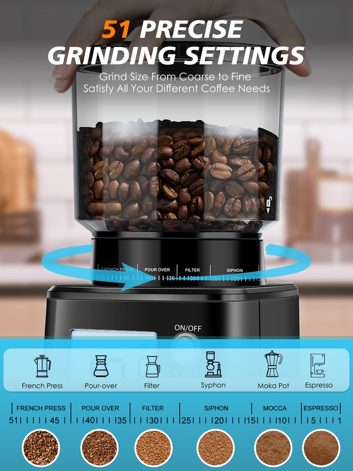 Conical Burr Espresso Coffee Grinder, 51 Settings, Stainless Steel M44856