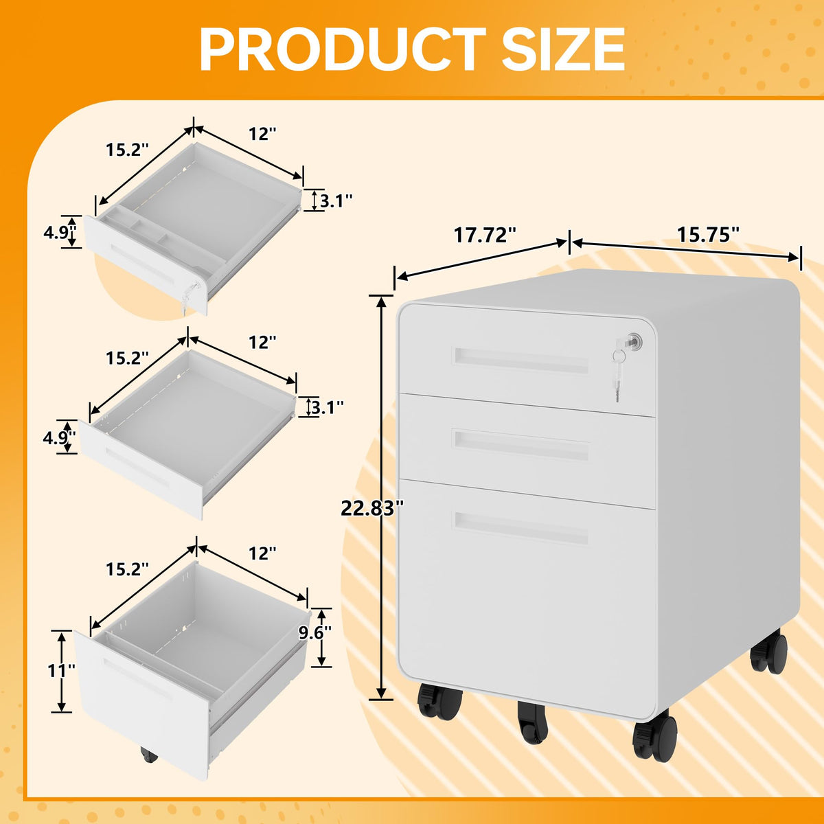 3 Drawer White Metal Filing Cabinet with Lock U467