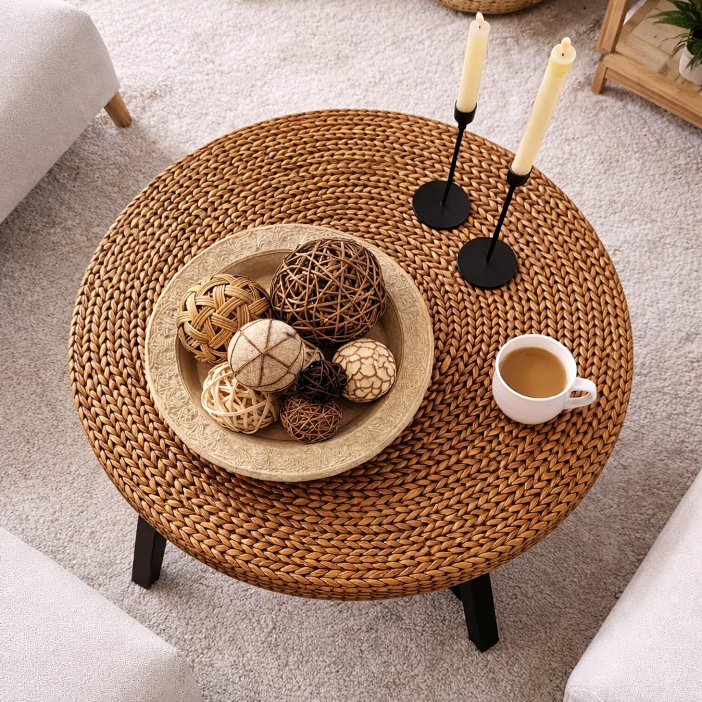 32 Inch Round Handwoven Seagrass Coffee Table with Pine Wood X Base Z879052