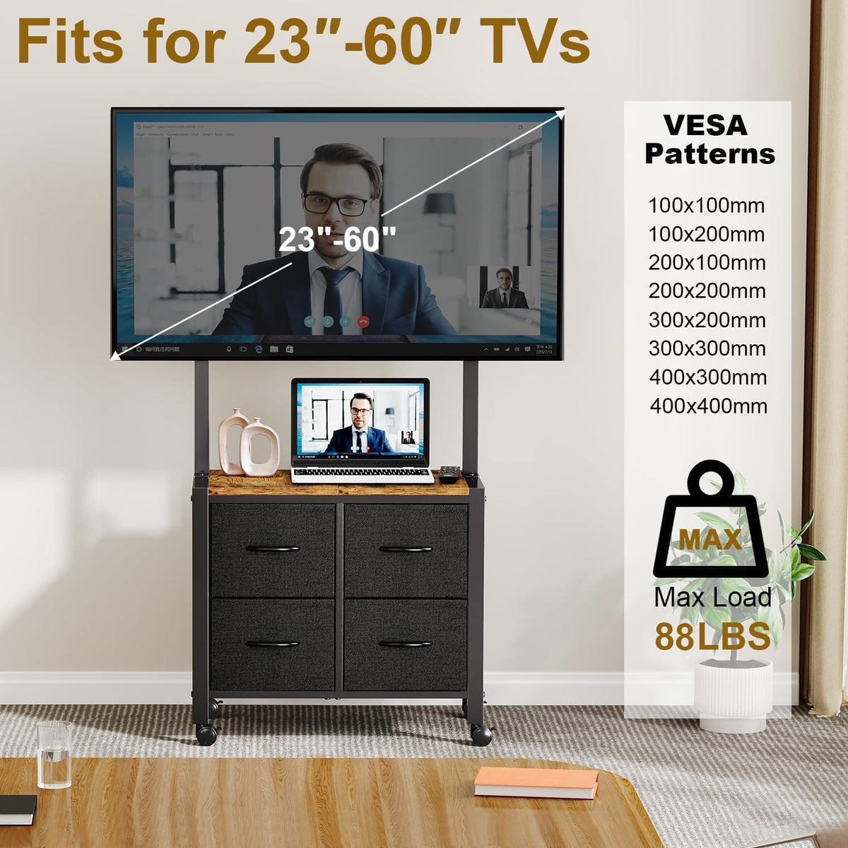 Mobile TV Cart Rolling TV Stand with 4 Drawer for 23-60 inch Screens O971