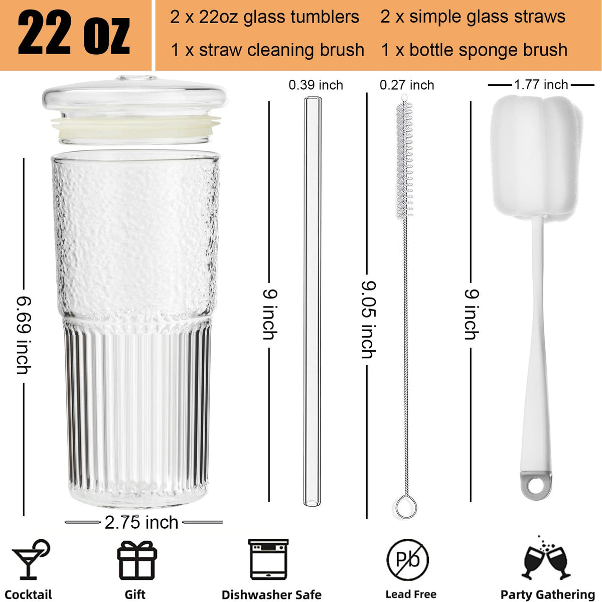 22 oz High Borosilicate Clear Glass Cups with Lids and Straws, Pack of 2 S8039