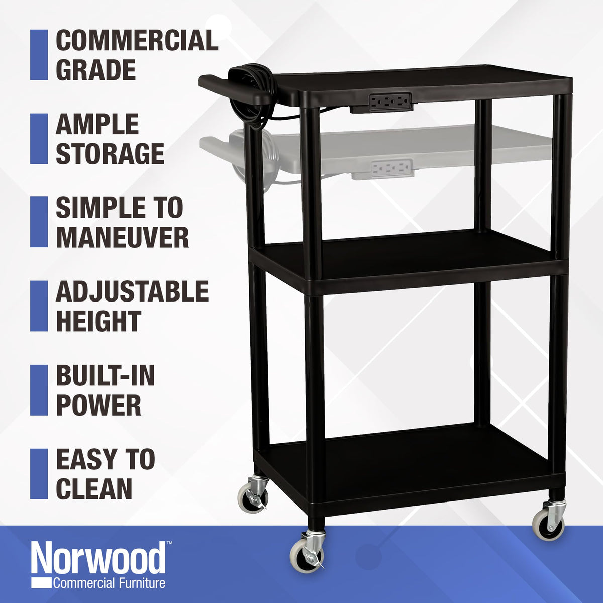 Mobile Utility AV Cart with Power Strip and Casters, Black Y453010