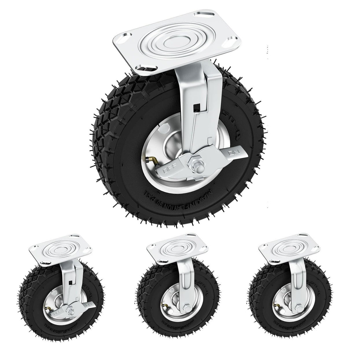 8 Inch Heavy Duty Pneumatic Caster Wheels with Brake, 1000 lbs Capacity, Set of 4 Y238