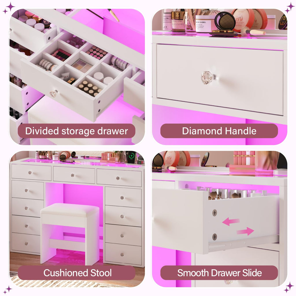 45" Large White Vanity Desk with RGB Lighting O97937