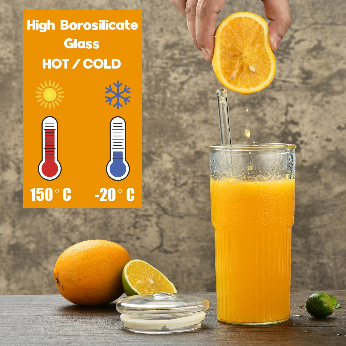 22 oz High Borosilicate Clear Glass Cups with Lids and Straws, Pack of 2 S8039