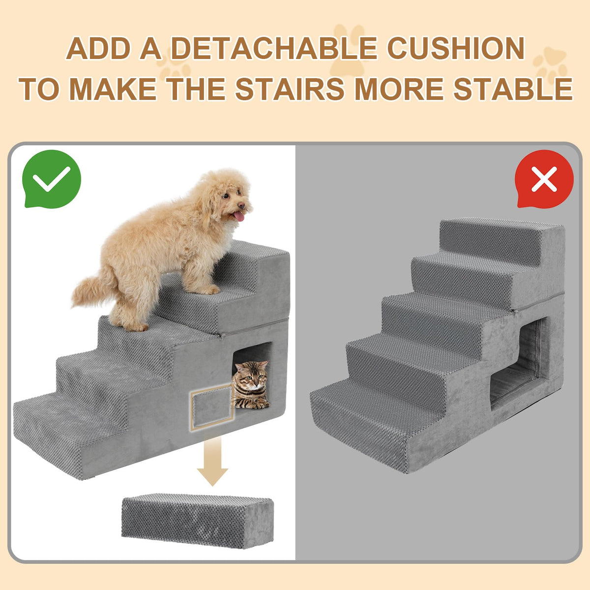 Grey 5-Step Dog Stairs with Non-Slip Washable Cover O73093