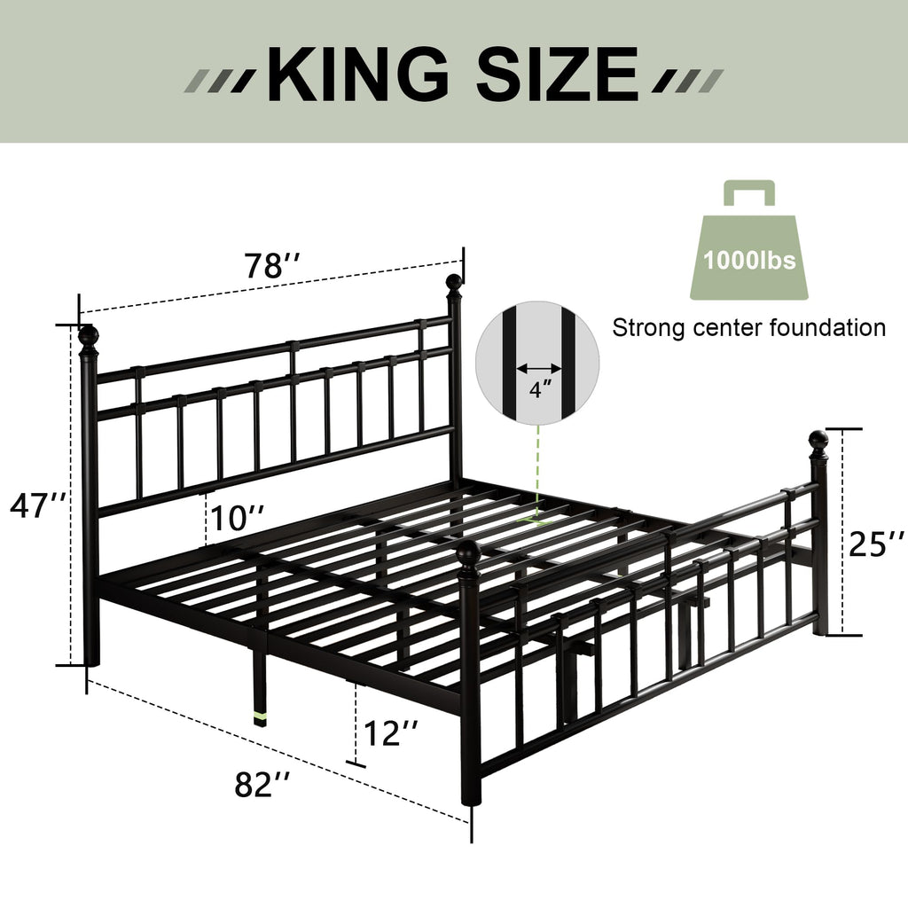 King Size Black Metal Platform Bed Frame with Headboard and Footboard O6912