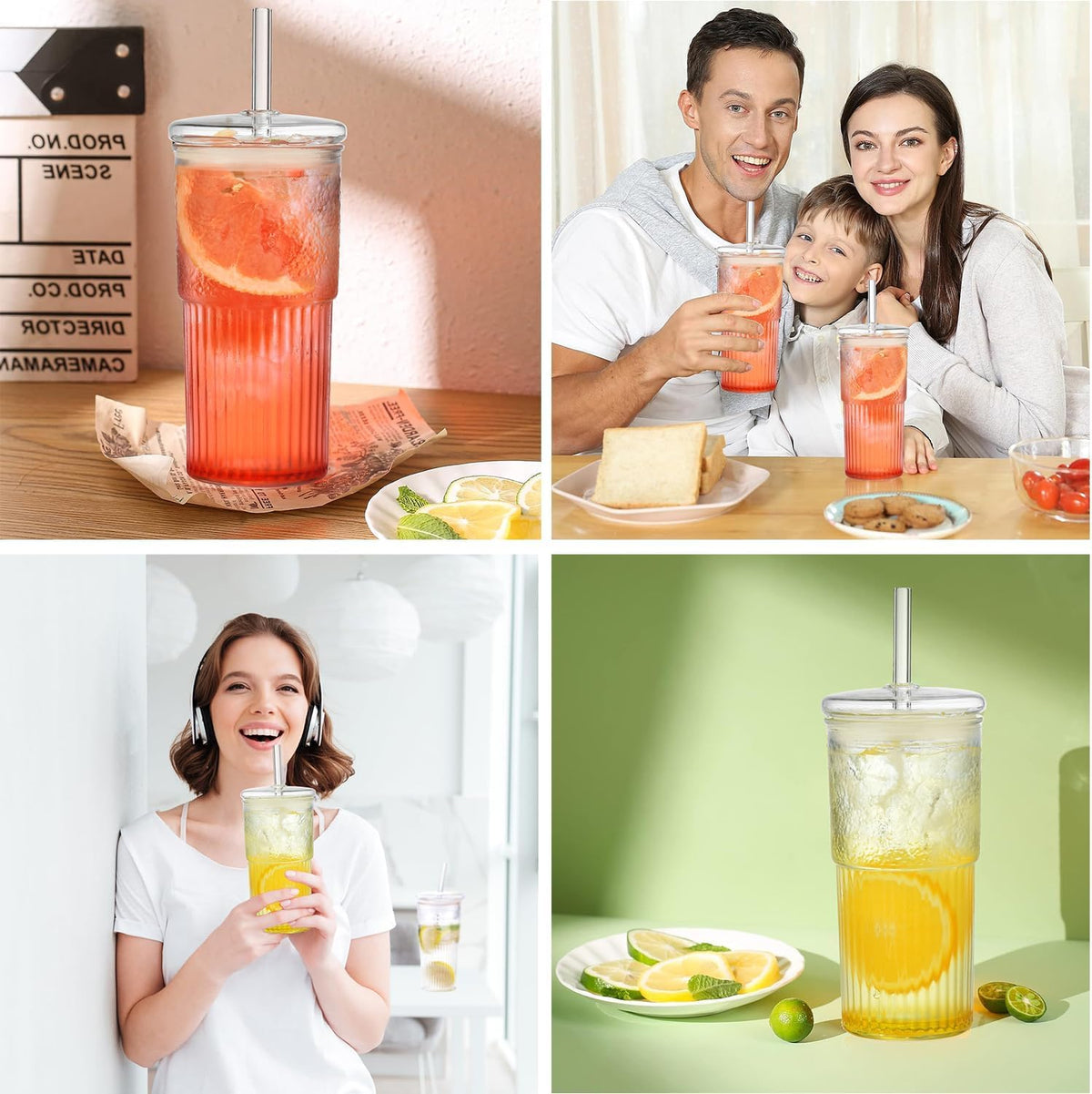 22 oz High Borosilicate Clear Glass Cups with Lids and Straws, Pack of 2 S8039