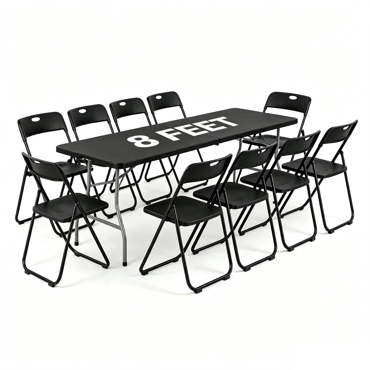 Black 8 Feet Foldable Picnic Table with 10 Folding Chairs W221920