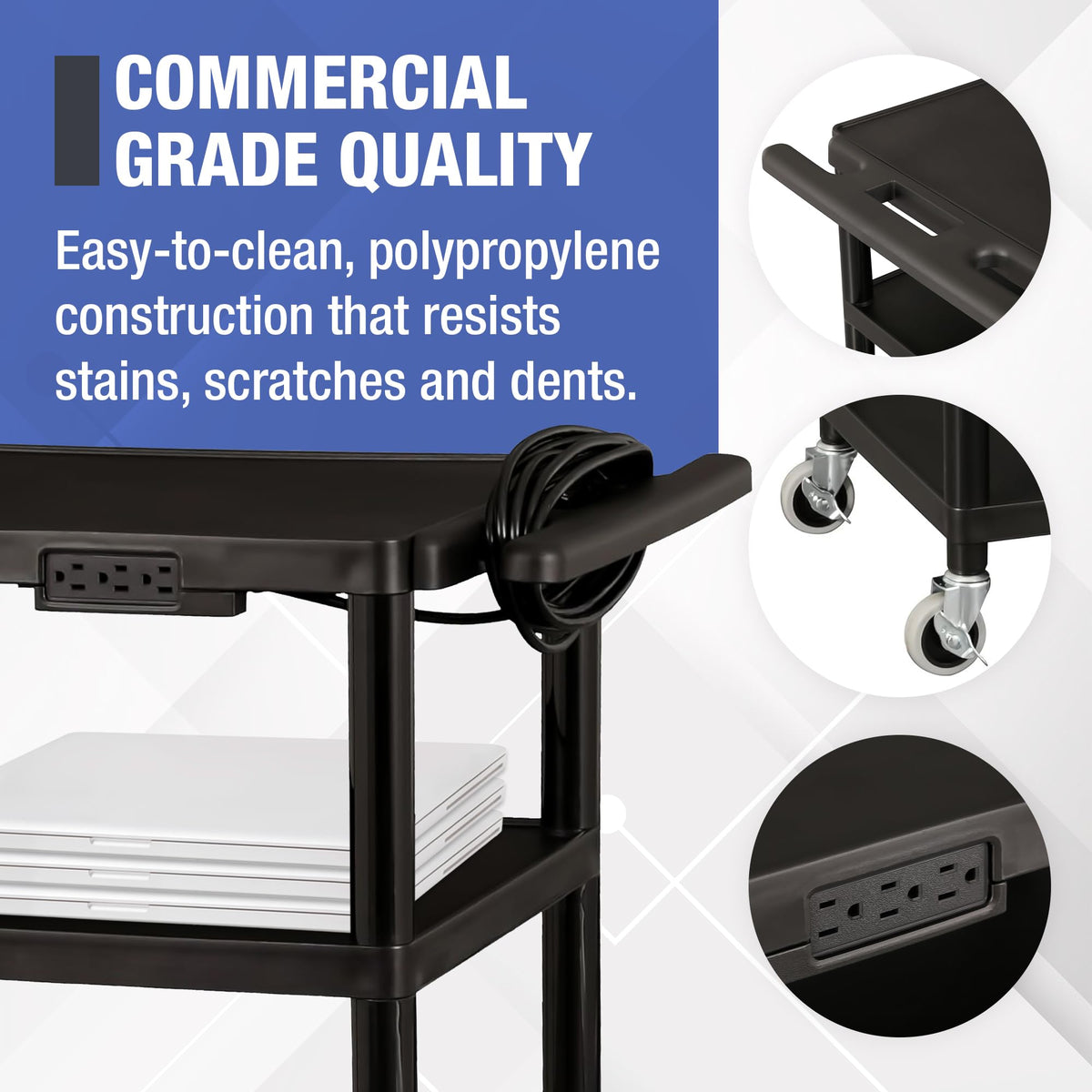 Mobile Utility AV Cart with Power Strip and Casters, Black Y453010