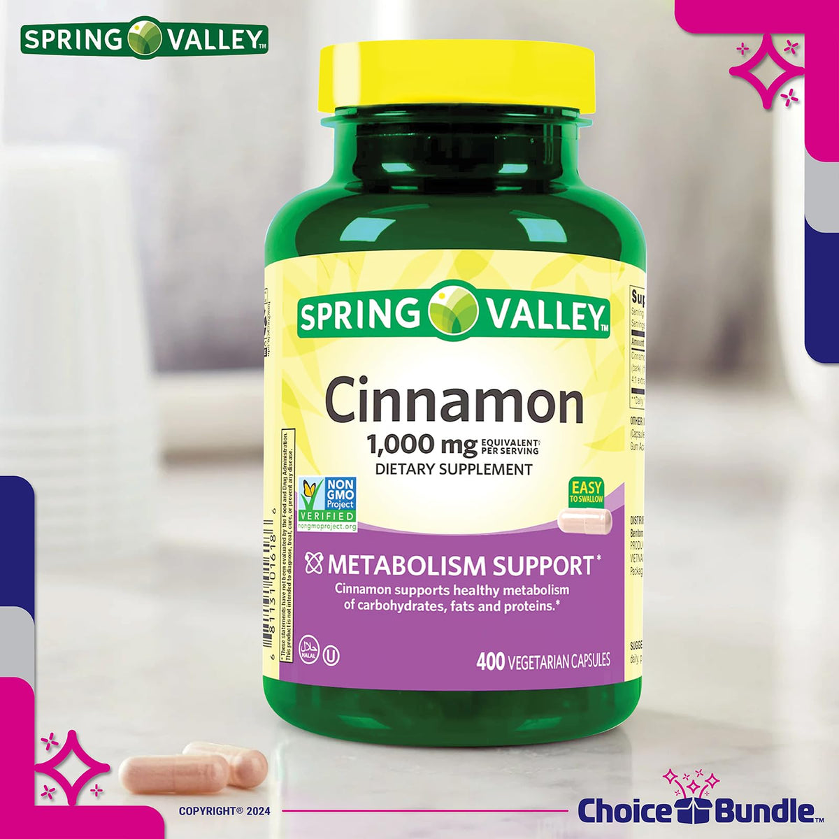 Cinnamon Supplement 1000mg 400 ct Vegetarian Capsules D13703