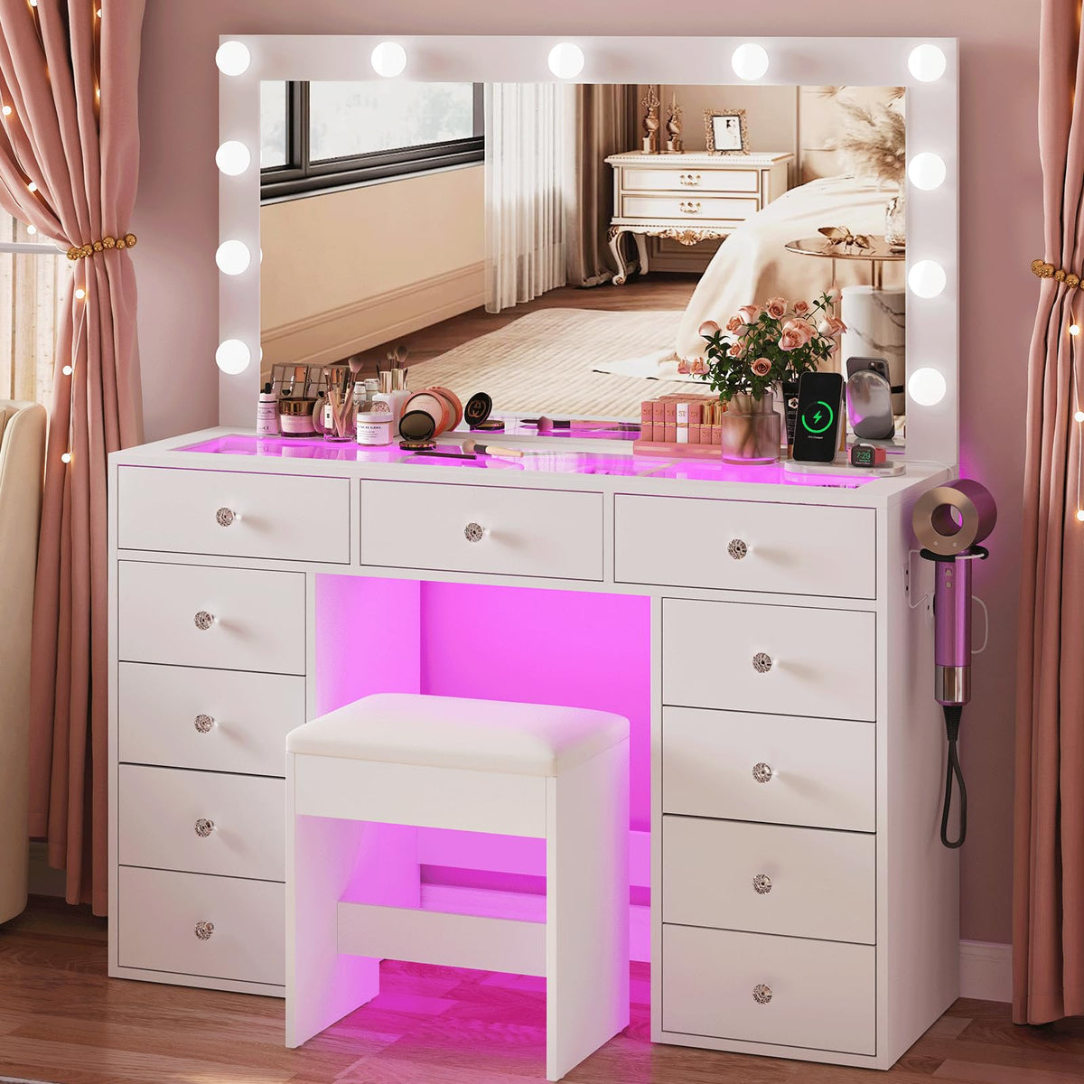 45" Large White Vanity Desk with RGB Lighting O97937