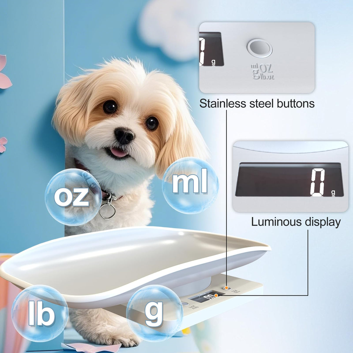 Digital Pet Scale for Small Animal, LED Display, Measures Up to 15kg, White X656043