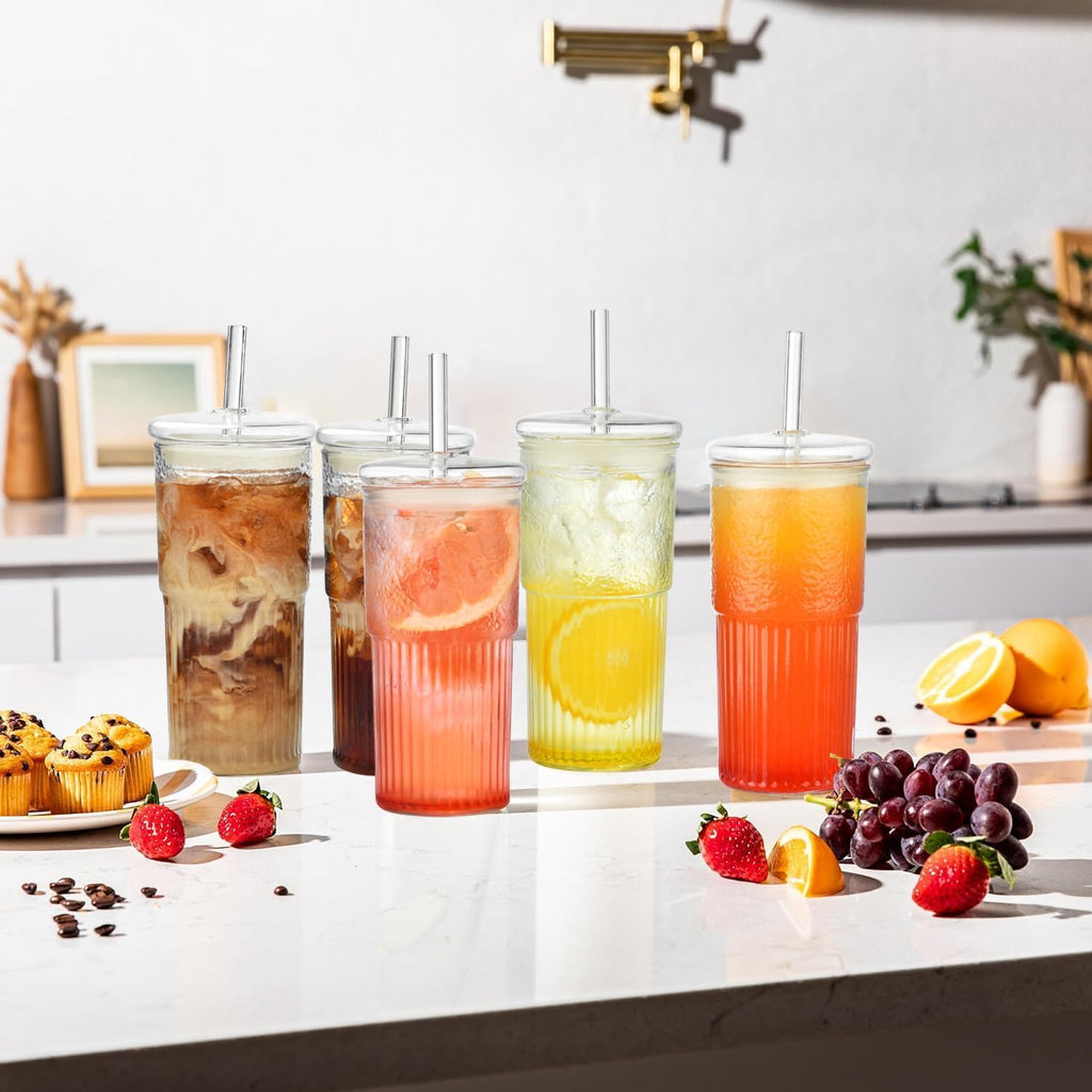 22 oz High Borosilicate Clear Glass Cups with Lids and Straws, Pack of 2 S8039