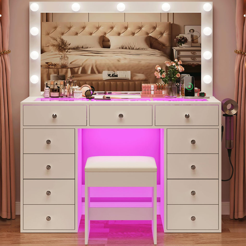 45" Large White Vanity Desk with RGB Lighting O97937