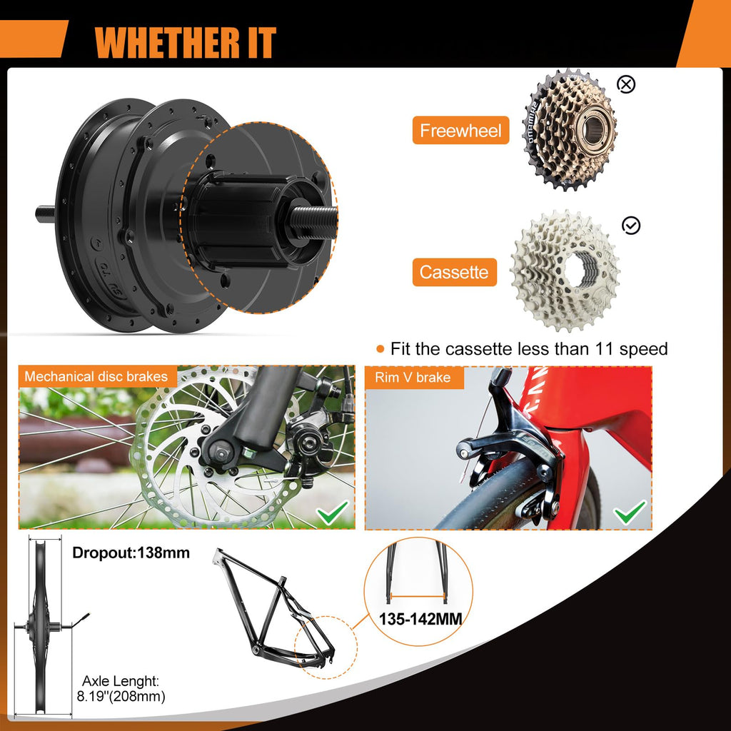 48V 750W Electric Bicycle Conversion Kit Rear Hub Motor Wheel Q832