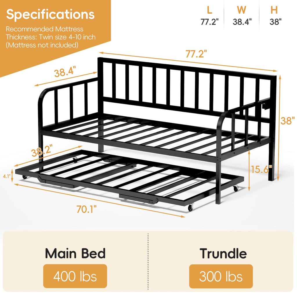 Black Twin to King Metal Daybed with Pop Up Trundle K88254