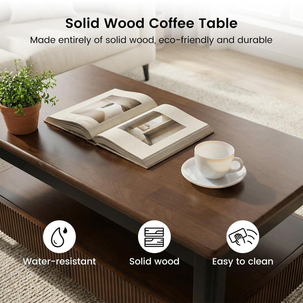 39.4" Walnut Solid Wood Fluted Coffee Table with 2 Drawers O104