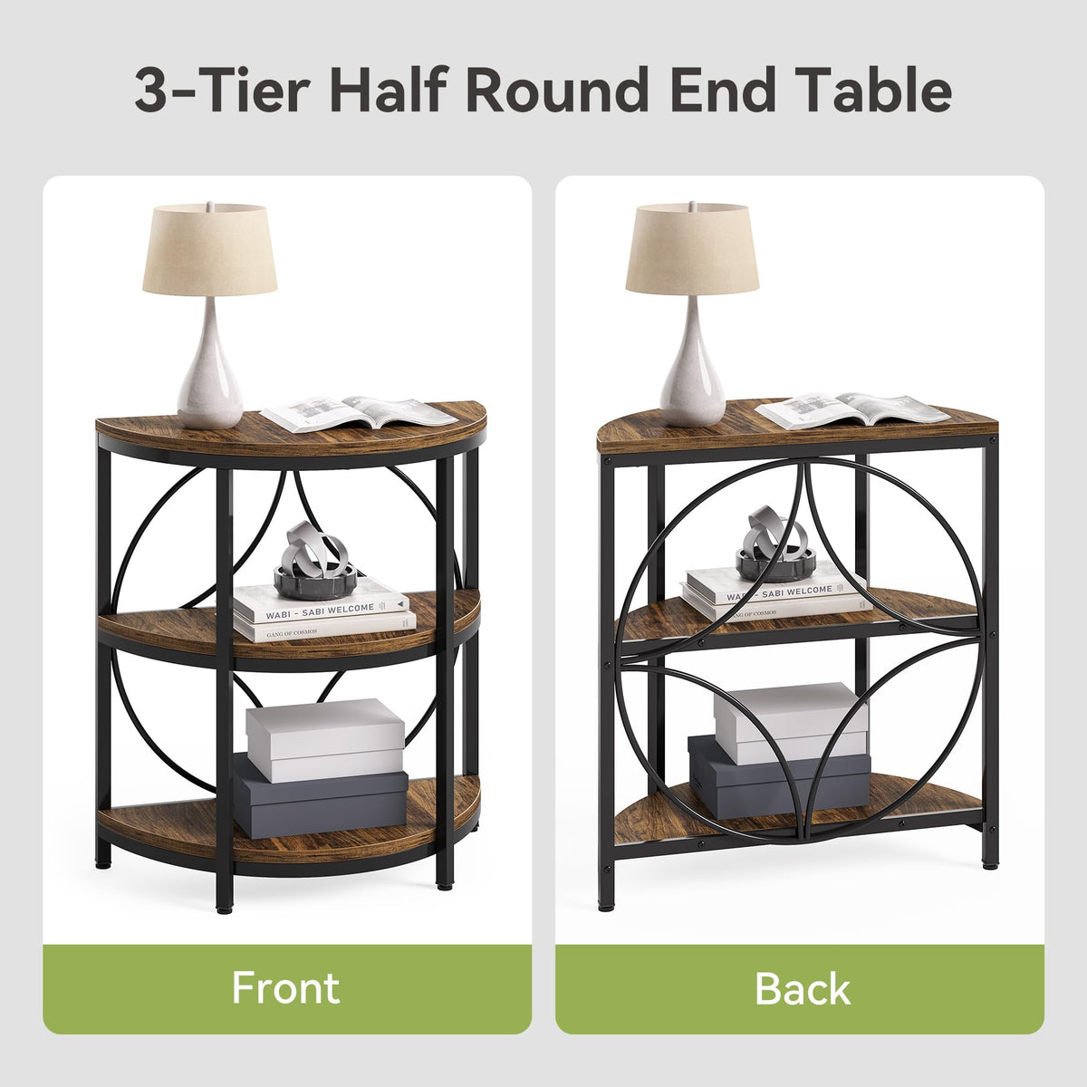 Half Round 3-Tier Narrow Side Table with Metal Frame M3758
