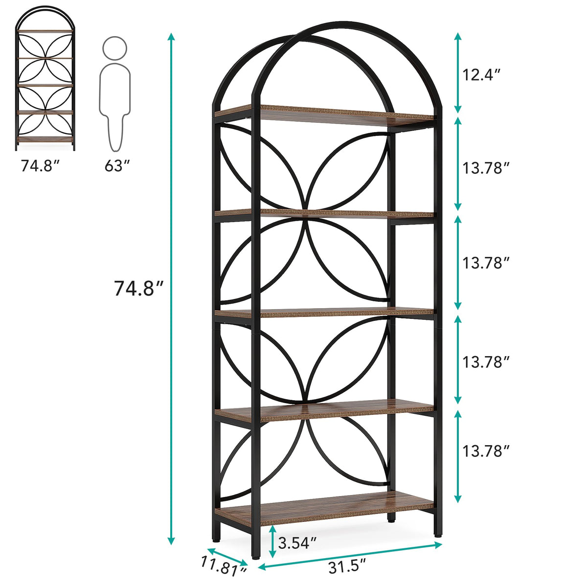 75 Inch Tall Arched 5-Tier Bookshelf U405100