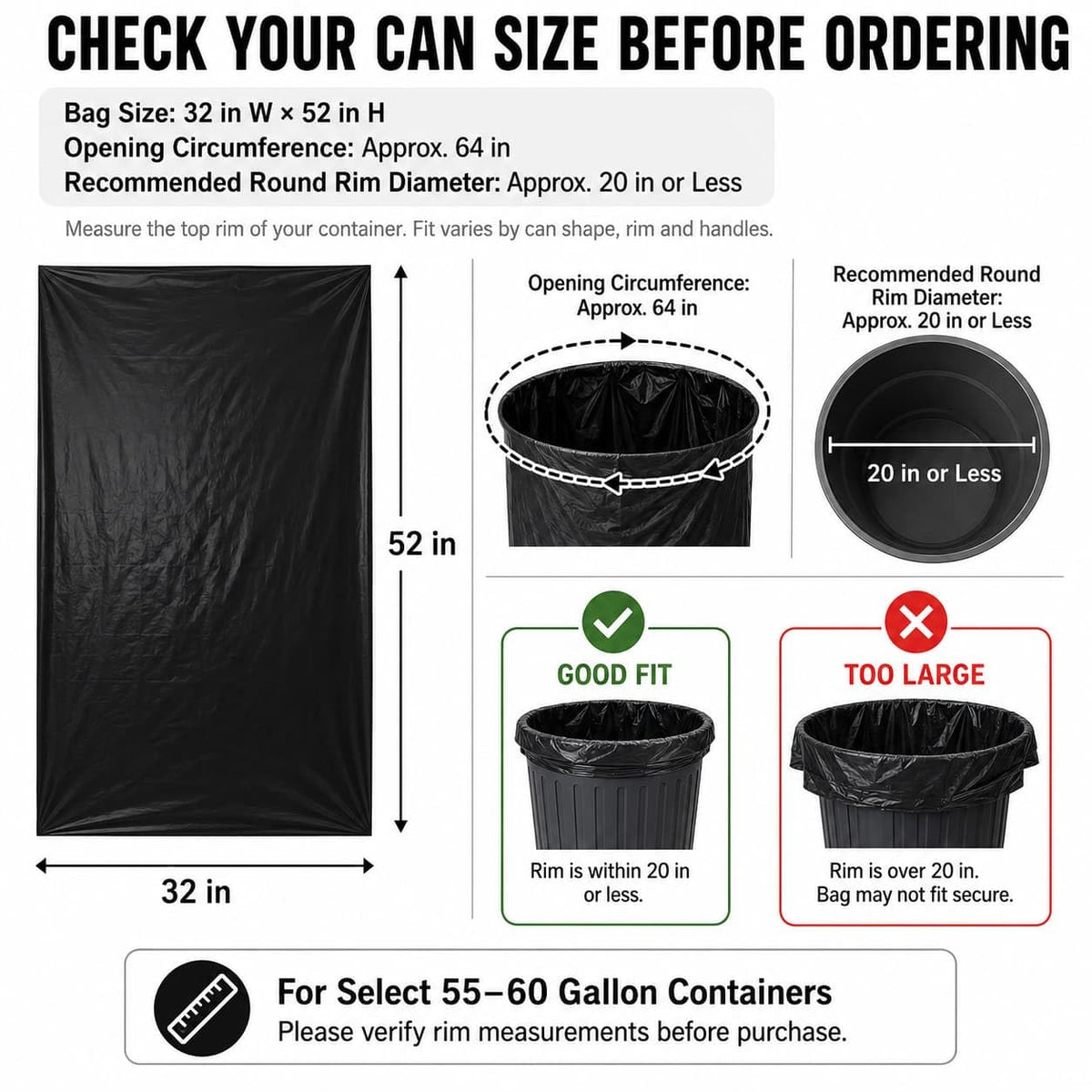 6 Mil Heavy Duty Contractor Trash Bags, 50/55/60 Gallon, Black, 20 Pack V8961