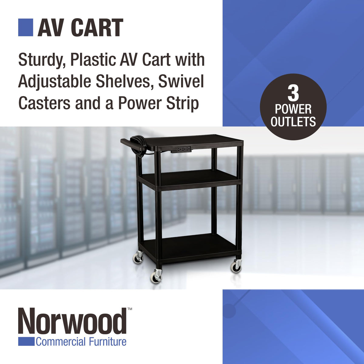 Mobile Utility AV Cart with Power Strip and Casters, Black Y453010