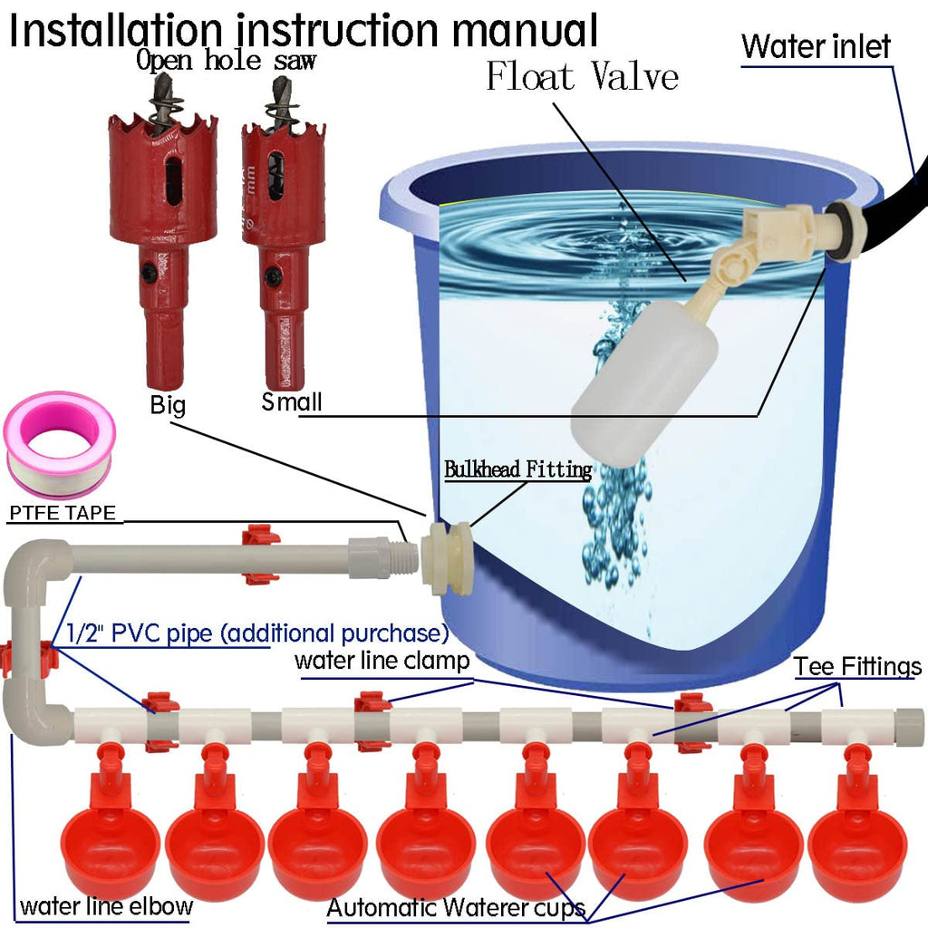 Automatic Chicken Nipple Waterer Cups and PVC Tee Fittings E362