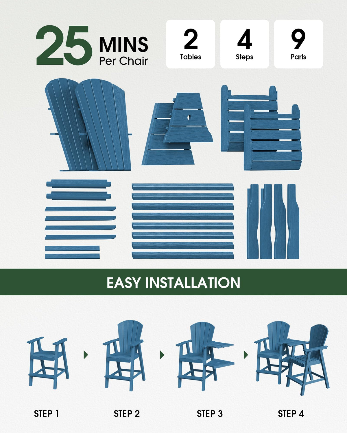 Navy Blue Adirondack Chairs Set of 2 with Table Trays T808249