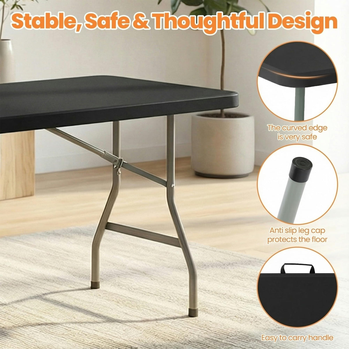 Black 8 Feet Foldable Picnic Table with 10 Folding Chairs W221920