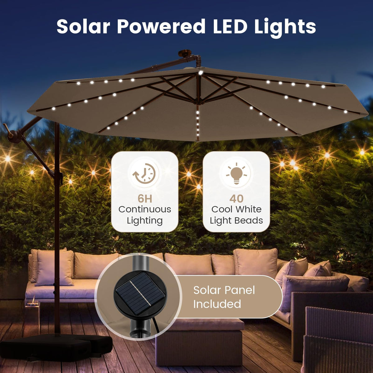 10FT Offset Patio Umbrella with Base and 40 Solar LED Lights E88365