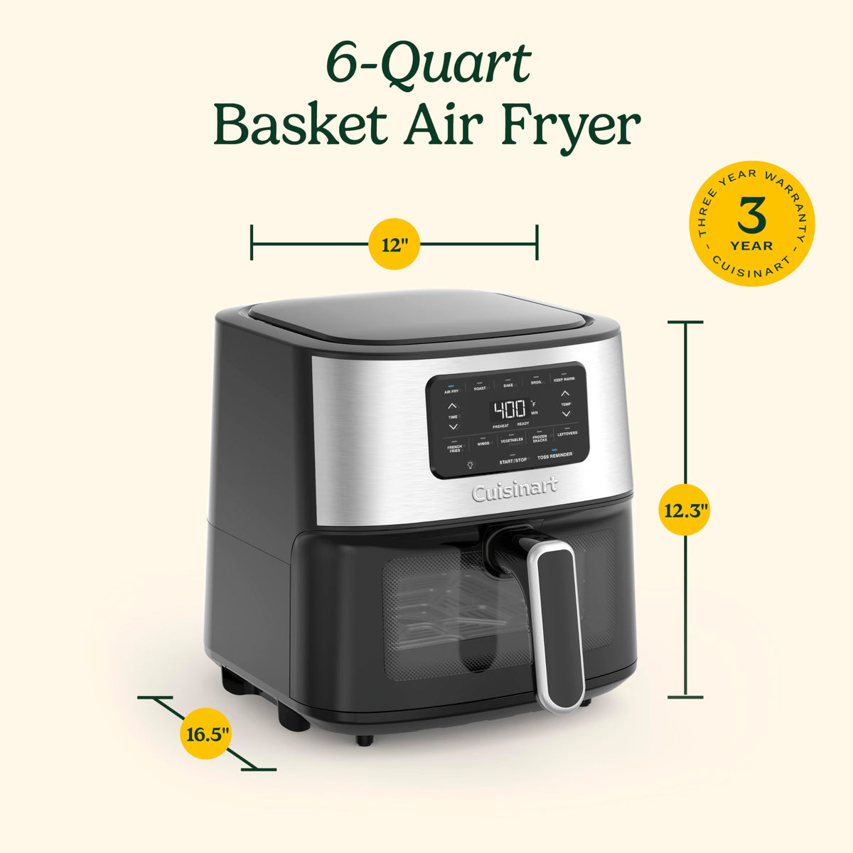 6-Quart Air Fryer with 5 Cooking Functions, Stainless Steel & Black T72029
