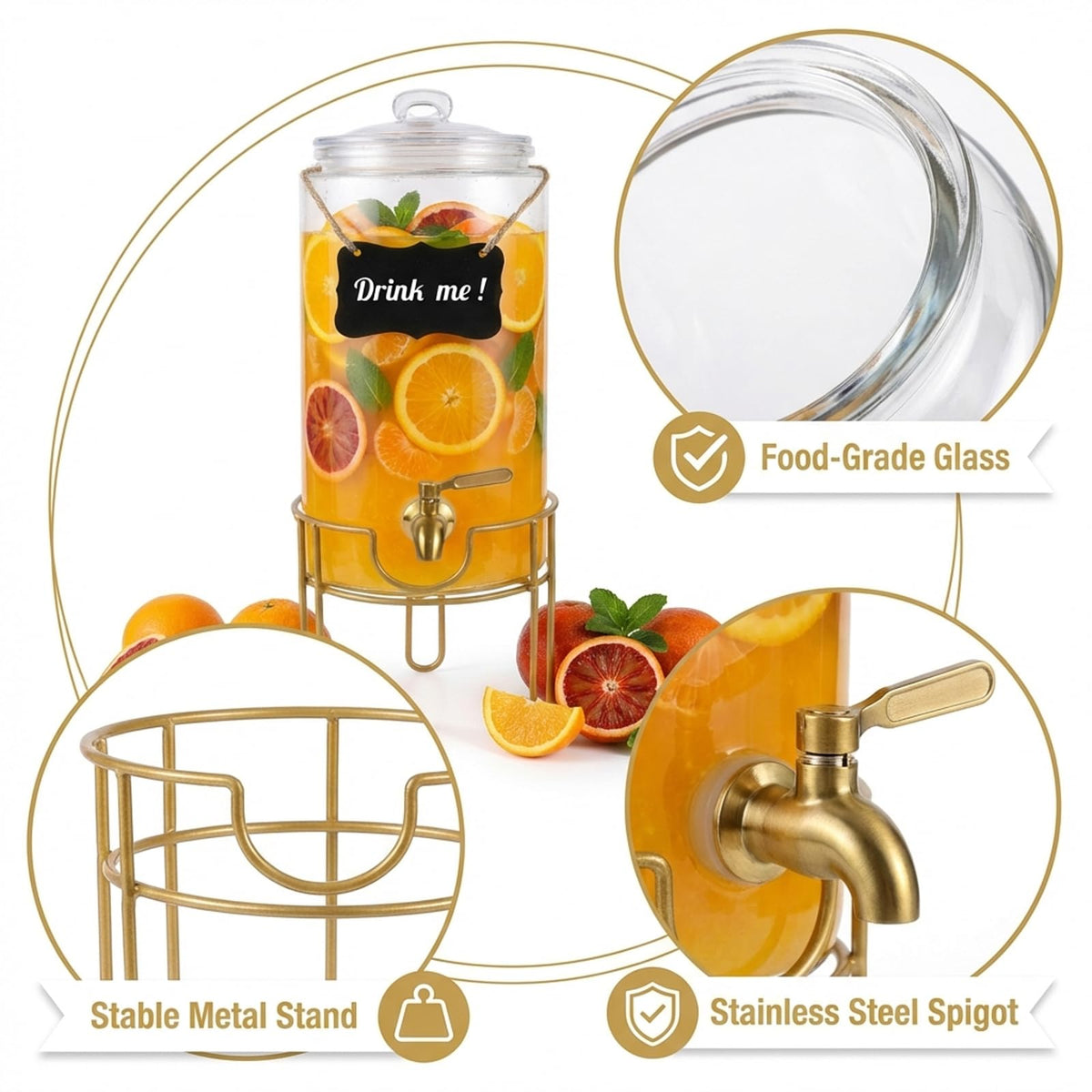 1 Gallon Glass Drink Dispenser with Stainless Steel Spigot H4502